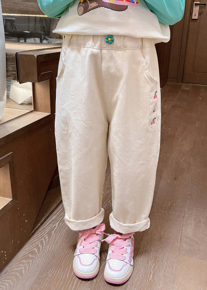 Casual Apricot Embroideried Pockets Kids Straight Pants Spring TV011