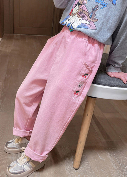 Casual Apricot Embroideried Pockets Kids Straight Pants Spring TV011