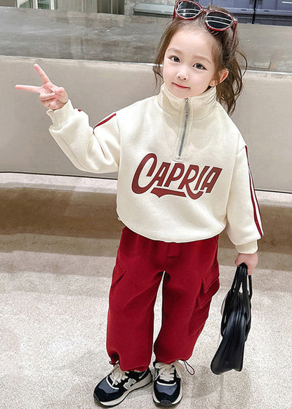 Casual Beige Stand Collar Zippered Warm Fleece Girls Top And Pants Two Piece Set Winter TR028