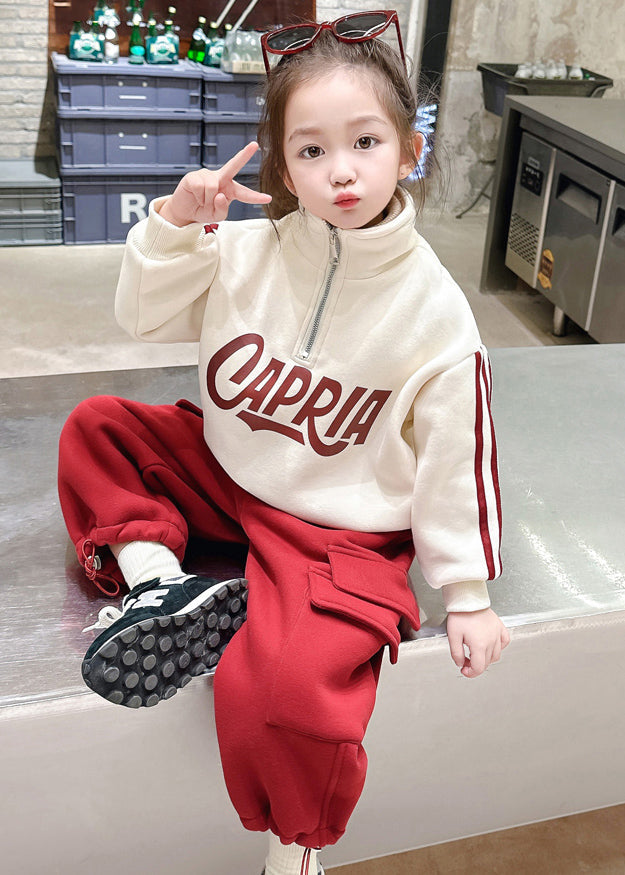 Casual Beige Stand Collar Zippered Warm Fleece Girls Top And Pants Two Piece Set Winter TR028