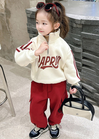 Casual Beige Stand Collar Zippered Warm Fleece Girls Top And Pants Two Piece Set Winter TR028