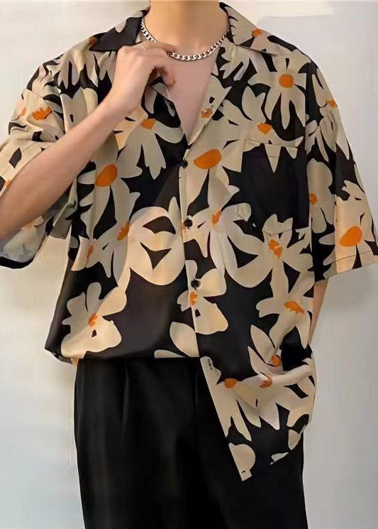 Casual Black Peter Pan Collar Print Men Hawaiian Shirts Summer HG032