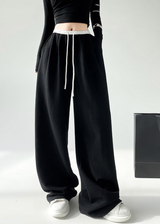 Casual Black Pockets Tie Waist Wide Leg Pants Spring TA043