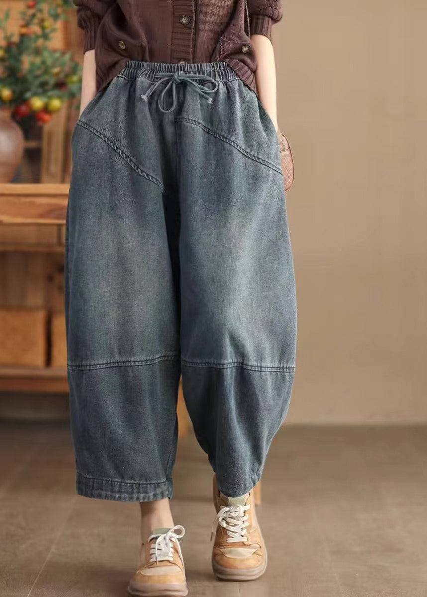 Casual Blue Pockets Elastic Waist Cotton Harem Pants Spring TN008