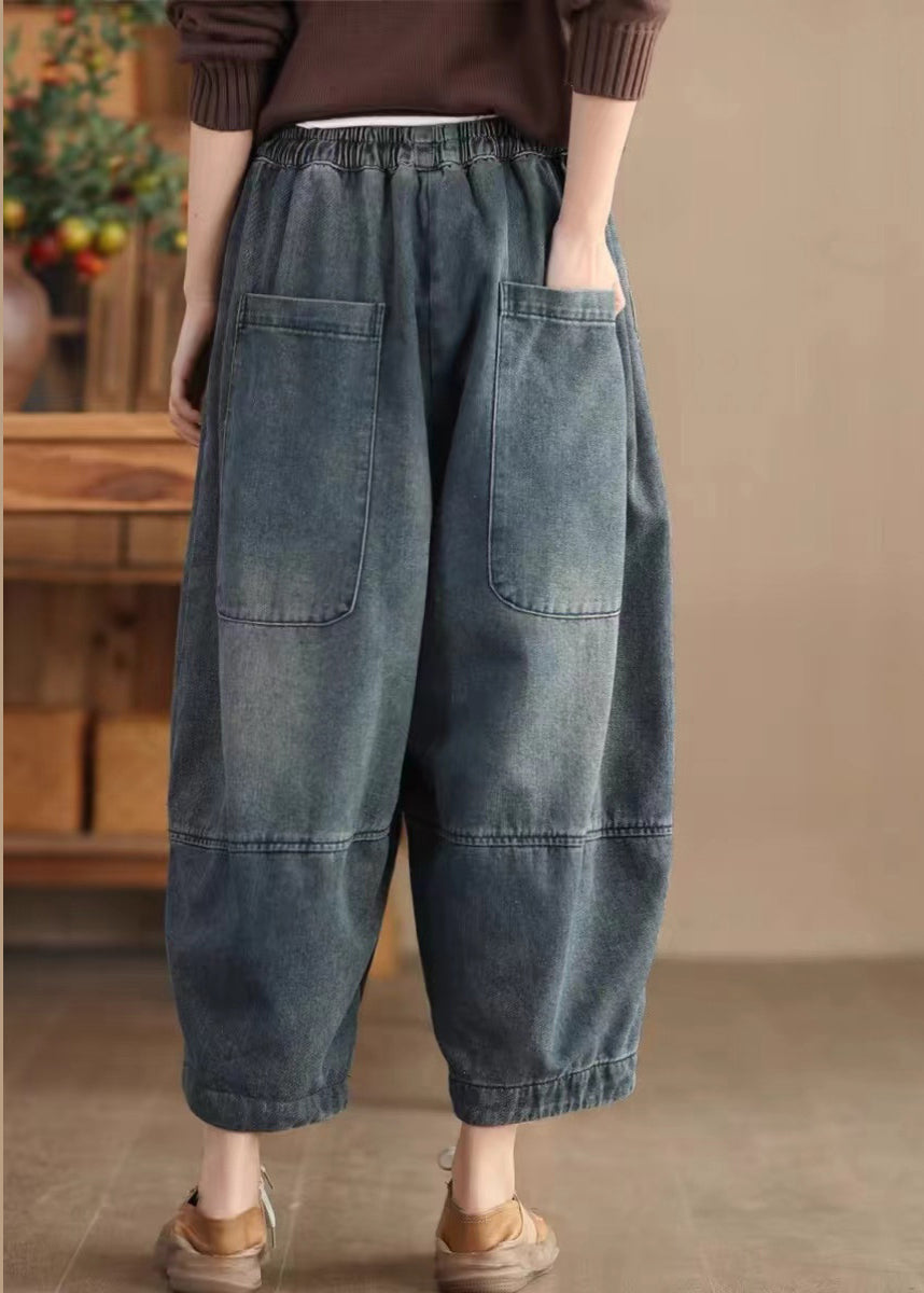 Casual Blue Pockets Elastic Waist Cotton Harem Pants Spring TN008