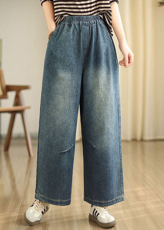 Casual Blue Pockets Elastic Waist Denim Wide Leg Pants Spring TZ036