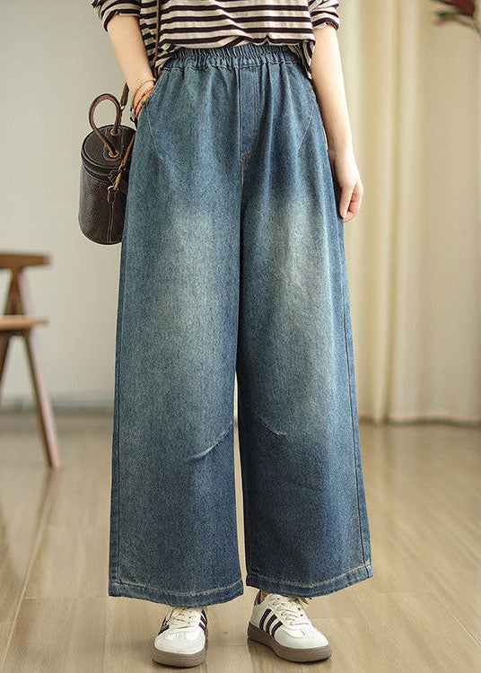 Casual Blue Pockets Elastic Waist Denim Wide Leg Pants Spring TZ036