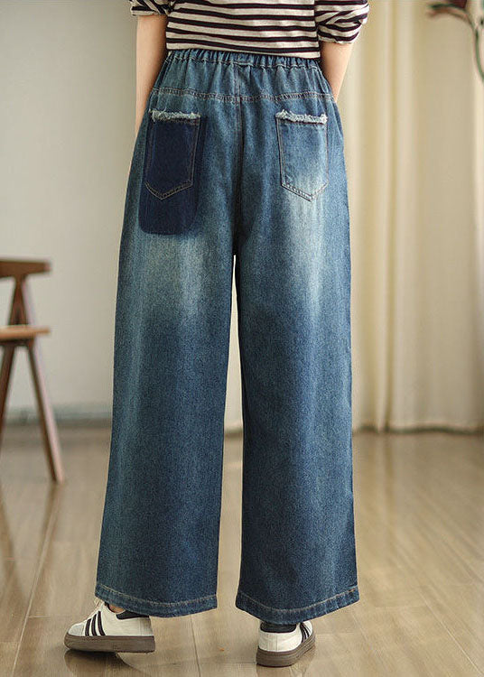 Casual Blue Pockets Elastic Waist Denim Wide Leg Pants Spring TZ036