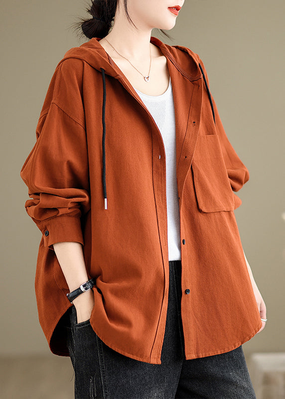 Casual Brick Red Hooded Pockets Plus Size Cotton Coat Fall OO003