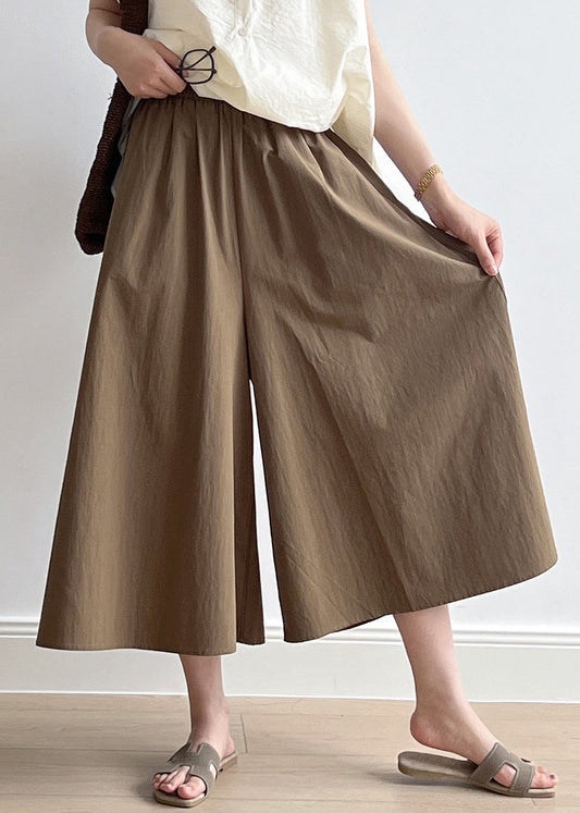 Pantalon large décontracté en coton avec poches marron et taille élastique pour l'été QB003