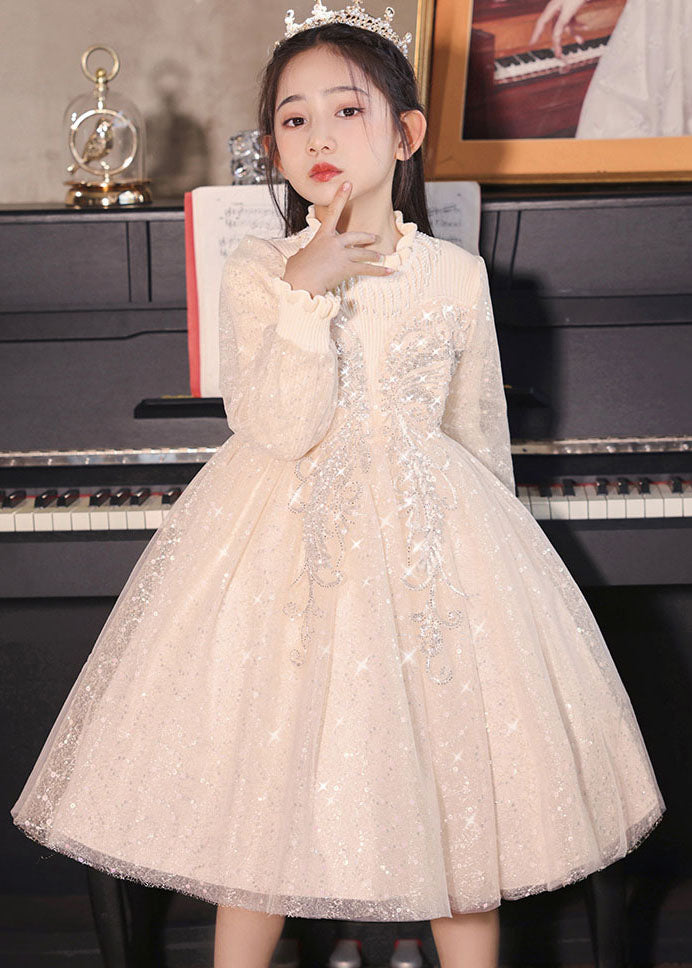 Casual Champagne Stand Collar Nail Bead Tulle Kids Long Dress Fall QV020