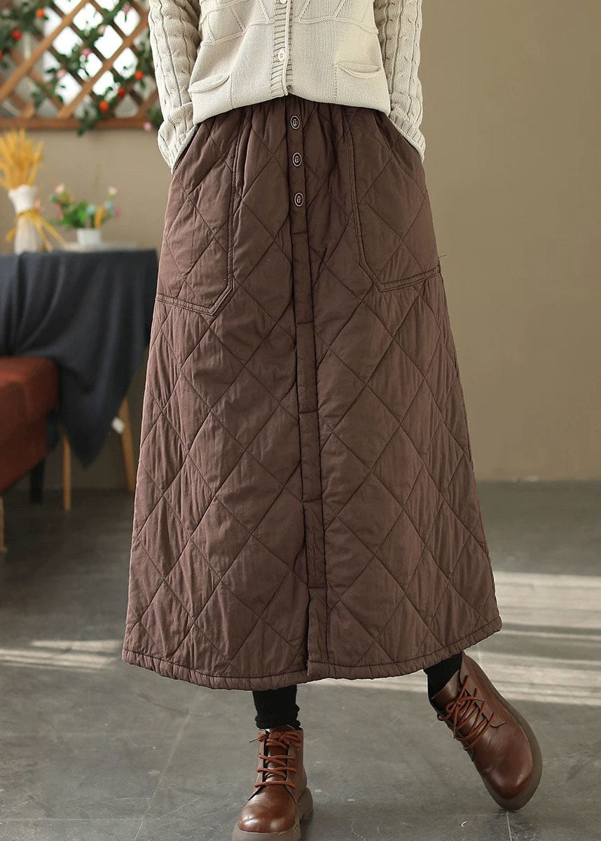 Casual Coffee Pockets Elastic Waist Fine Cotton Filled Skirt Winter RX007