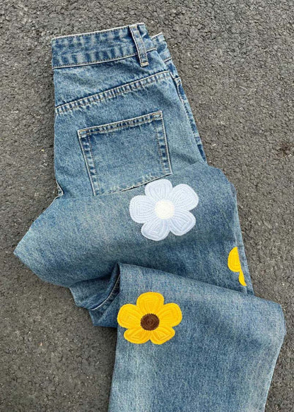 Pantalon taille haute décontracté en denim bleu brodé à fleurs SA006