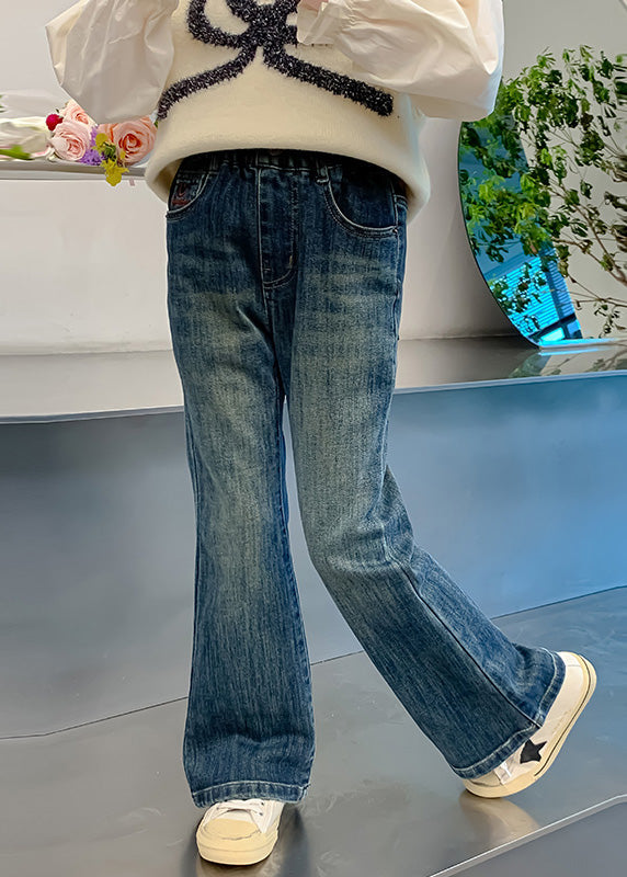 Casual Denim Navy Pockets Patchwork Kids Flared Pants Spring TV017