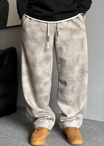 Casual Grey Pockets Elastic Waist Warm Fleece Men Pants Spring RM035