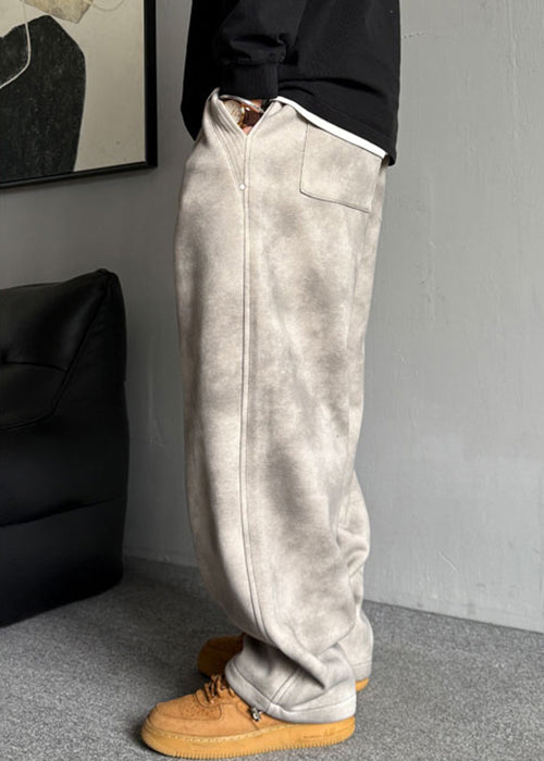 Casual Grey Pockets Elastic Waist Warm Fleece Men Pants Spring RM035