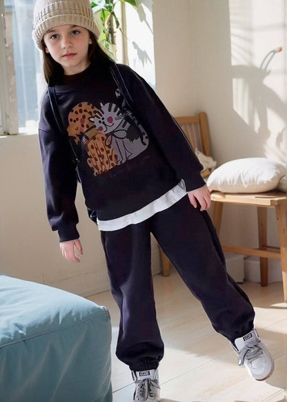 Casual Grey Print Warm Fleece Girls Sweatshirt And Lantern Pants Two Piece Set Spring TR015