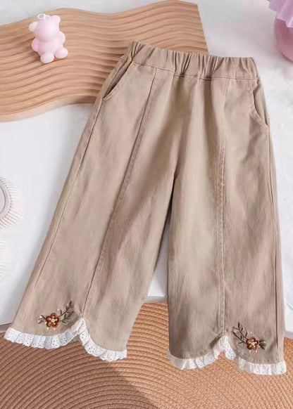 Casual Khaki Embroideried Elastic Waist Kids Pants TV005