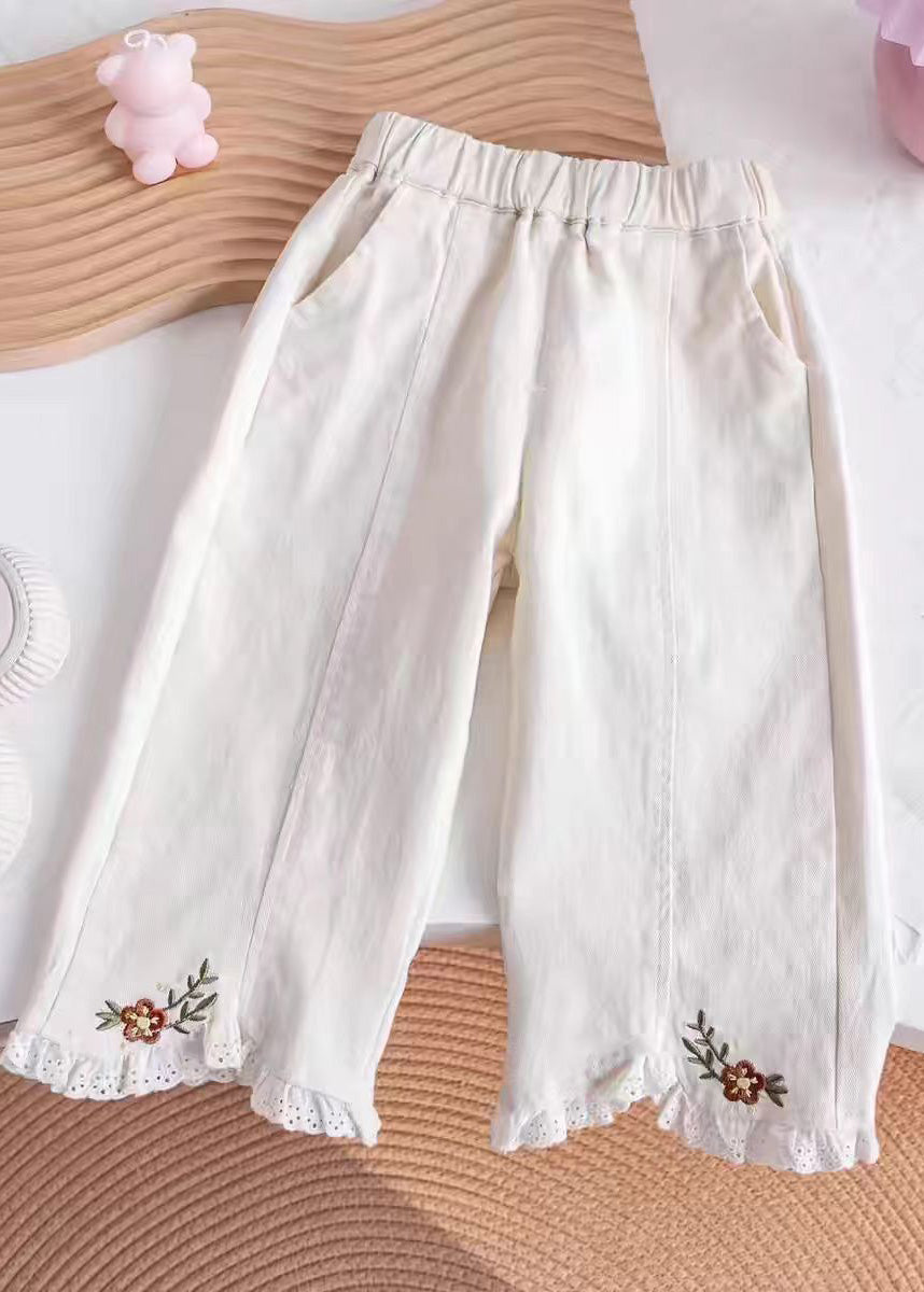 Casual Khaki Embroideried Elastic Waist Kids Pants TV005