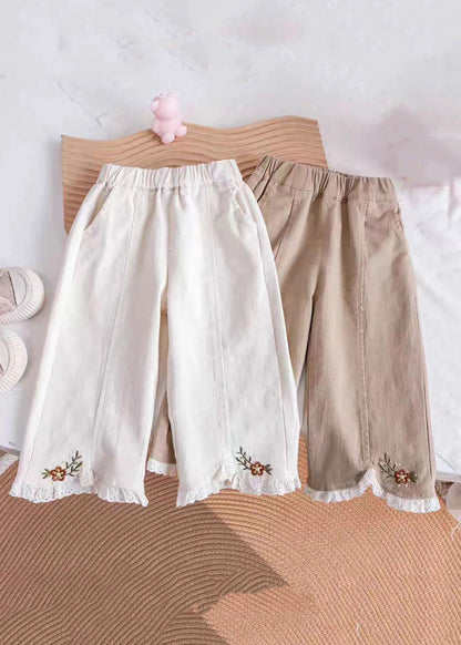 Casual Khaki Embroideried Elastic Waist Kids Pants TV005