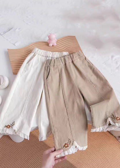 Casual Khaki Embroideried Elastic Waist Kids Pants TV005