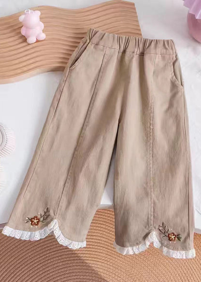 Casual Khaki Embroideried Elastic Waist Kids Pants TV005