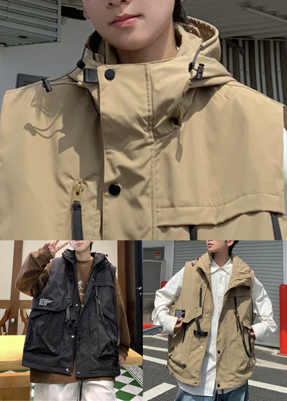 Casual Khaki Hooded Pockets Cotton Men Waistcoat Spring RN007