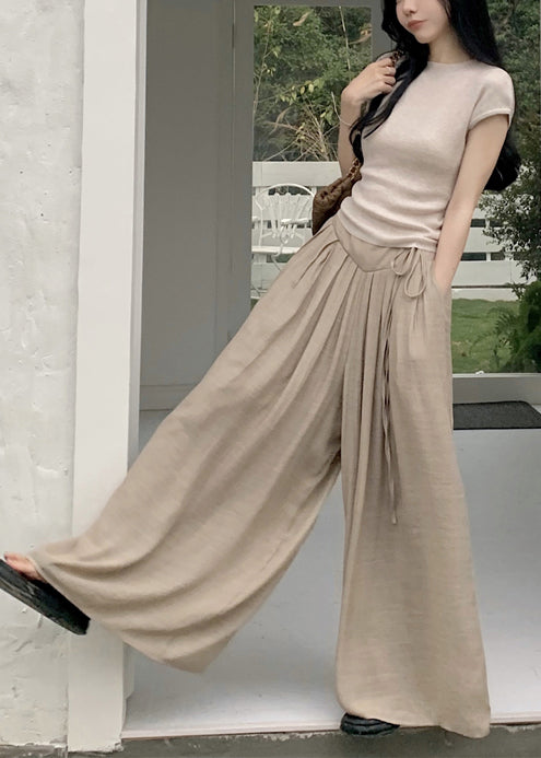 Casual Khaki Silm Fit Tops And Wide Leg Pants Two Pieces Set Summer TZ010