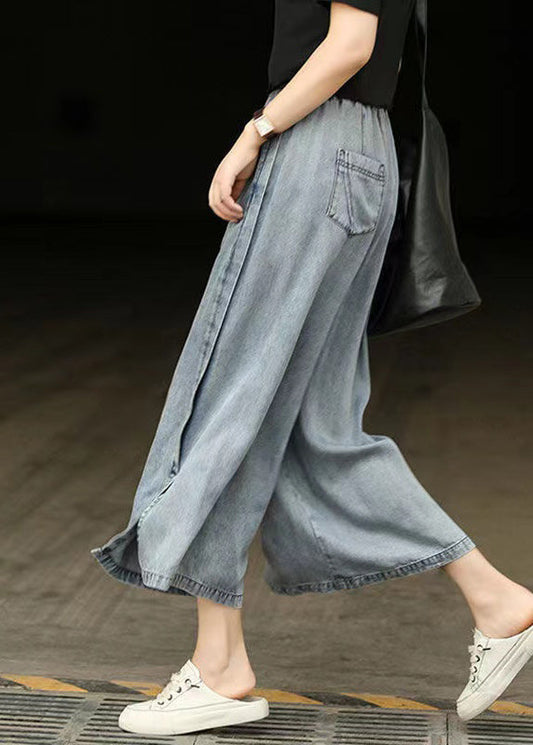 Pantalon court en denim bleu clair décontracté à taille élastique et ouverture latérale pour l'été BV087