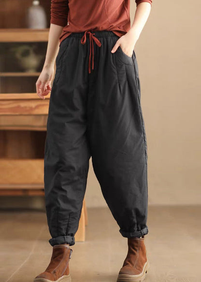 Casual Loose Coffee Pockets Elastic Waist Fine Cotton Filled Pants Winter TH043