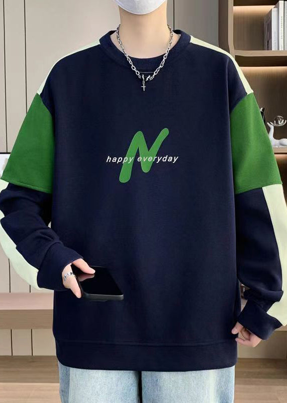 Casual Navy O Neck Patchwork Warm Fleece Mens Sweatshirts Winter RP061