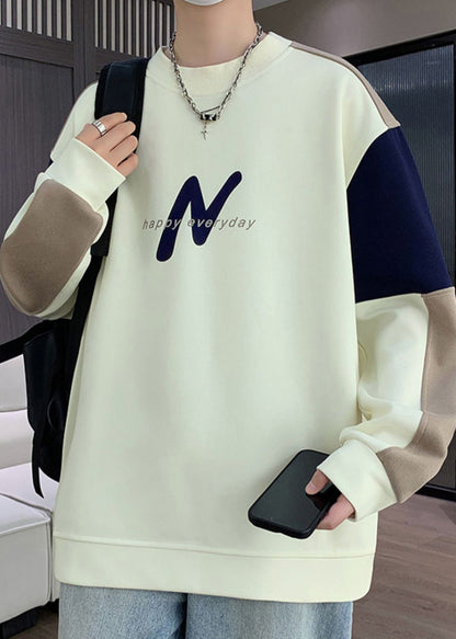 Casual Navy O Neck Patchwork Warm Fleece Mens Sweatshirts Winter RP061