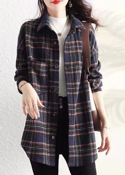 Casual Navy Peter Pan Collar Plaid Cotton Shirt Coats Spring TI034