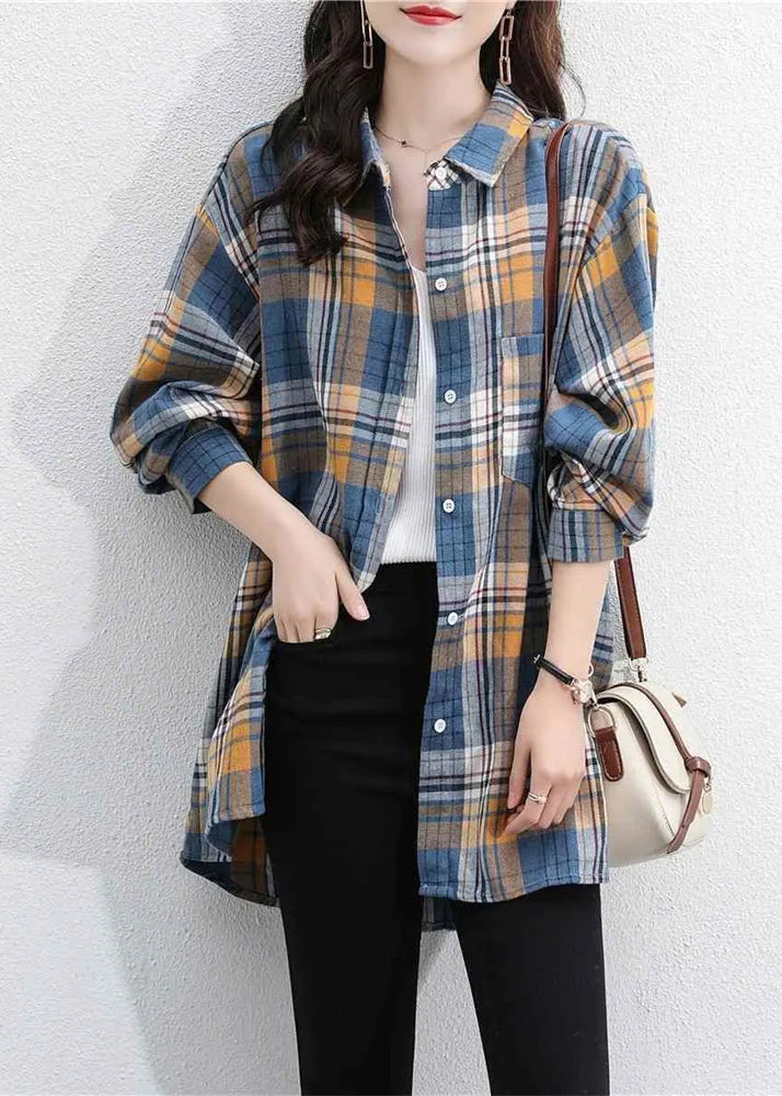 Casual Navy Peter Pan Collar Plaid Cotton Shirt Coats Spring TI034