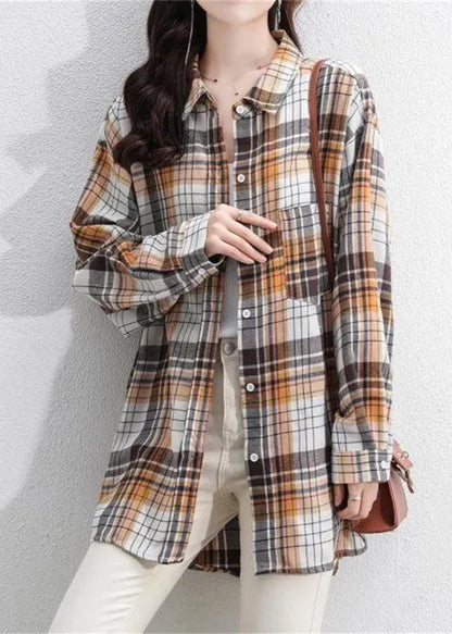 Casual Navy Peter Pan Collar Plaid Cotton Shirt Coats Spring TI034