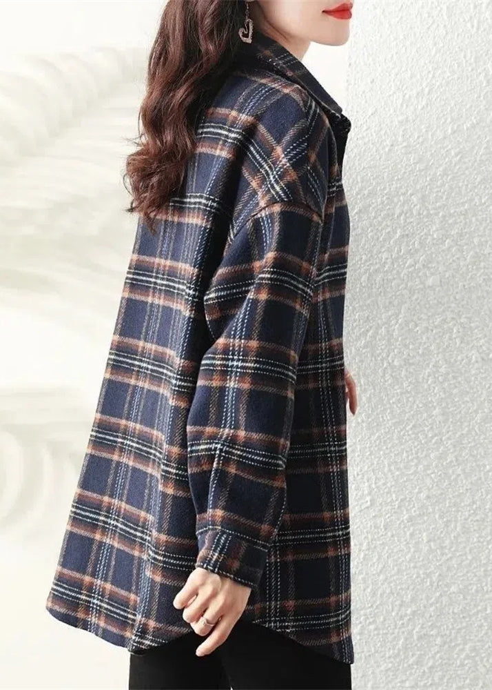 Casual Navy Peter Pan Collar Plaid Cotton Shirt Coats Spring TI034