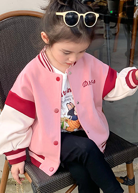 Manteau décontracté rose à col rond pour enfants en patchwork automne QV033