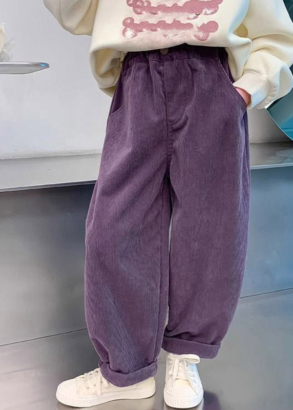 Casual Purple Pockets Elastic Waist Corduroy Kids Straight Pants Spring TV009