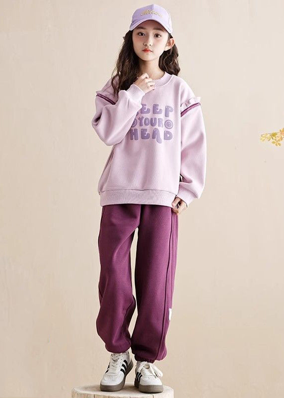 Casual Purple Ruffled Patchwork Kids Warm Fleece Sweatshirt And Beam Pants Two Piece Set Spring TR010