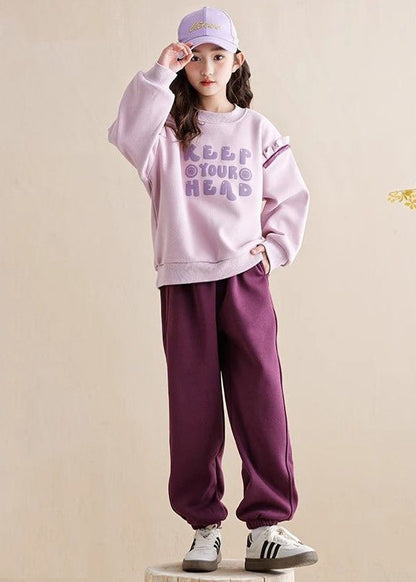 Casual Purple Ruffled Patchwork Kids Warm Fleece Sweatshirt And Beam Pants Two Piece Set Spring TR010