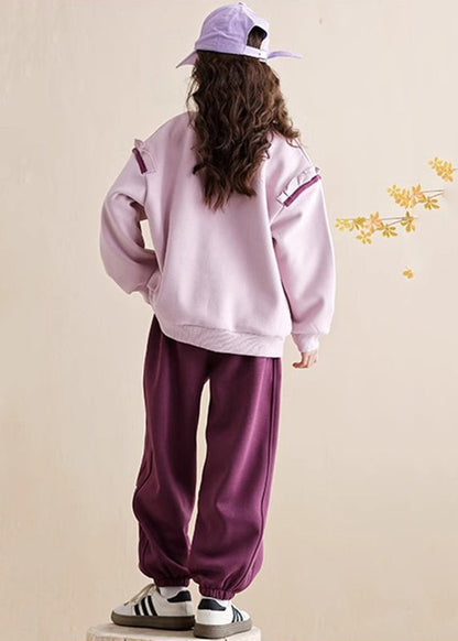 Casual Purple Ruffled Patchwork Kids Warm Fleece Sweatshirt And Beam Pants Two Piece Set Spring TR010