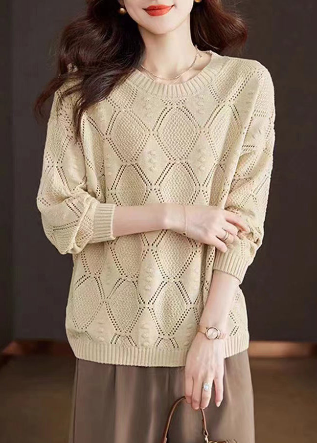 Casual Rose O-Neck Hollow Out Cotton Knitted Sweaters Fall WR046