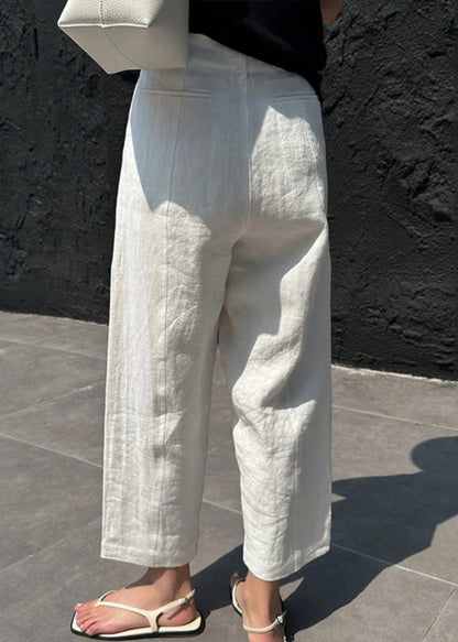 Pantalon court décontracté en lin à taille haute avec poches patchwork blanc pour l'été VB1033