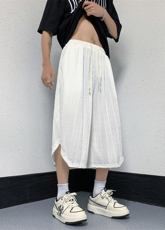 Casual White Pockets Elastic Waist Ice Silk Mens Crop Pants YT019