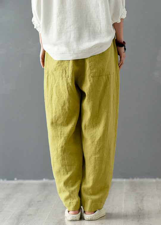 Casual Yellow Pockets Elastic Waist Linen Pants Spring TZ046