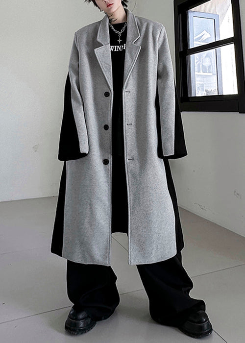 Chic Black Button Pockets Patchwork Woolen Mens Trench Coats Winter RO051