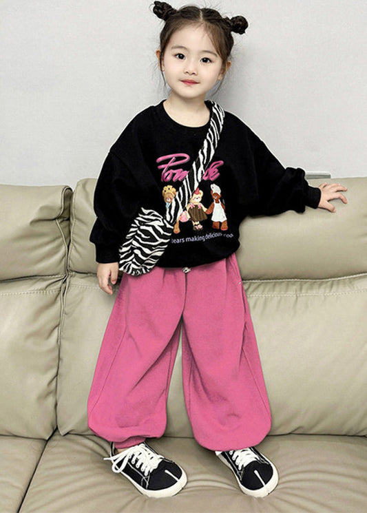 Chic Black O-Neck Kids Fleece Sweatshirt And Lantern Pants Two Pieces Set Spring TR002