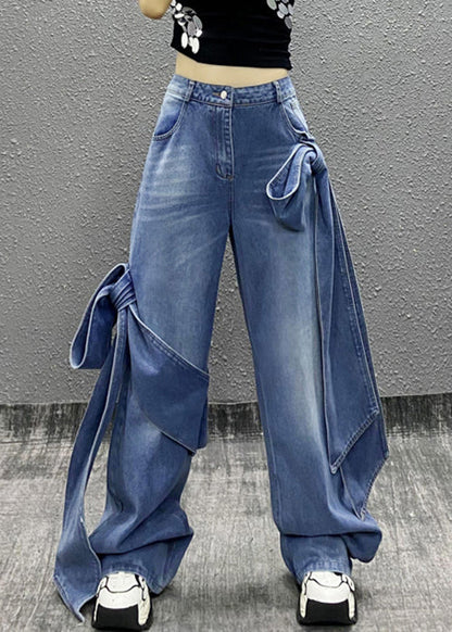 Schicke blaue Jeanshose mit Schleifentaschen und hoher Taille, Sommer AW1010