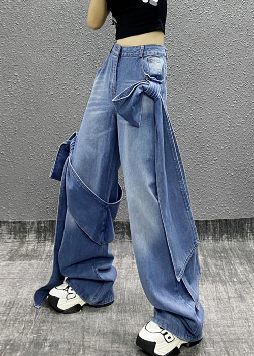 Schicke blaue Jeanshose mit Schleifentaschen und hoher Taille, Sommer AW1010