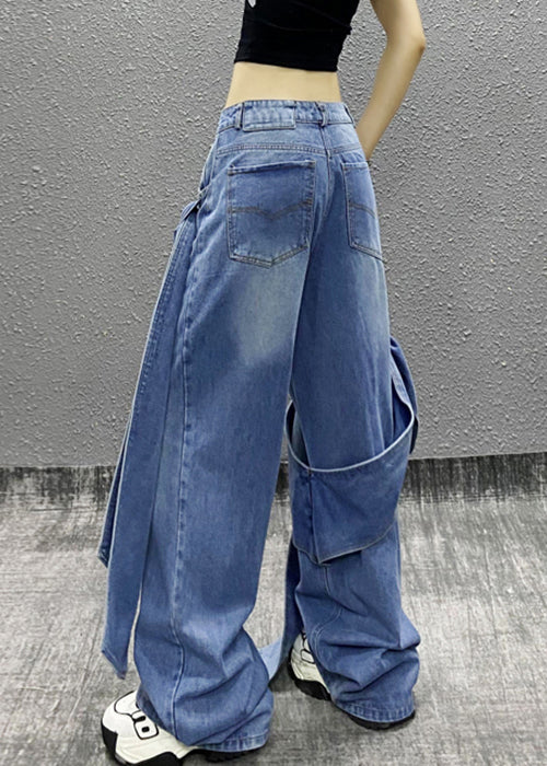 Schicke blaue Jeanshose mit Schleifentaschen und hoher Taille, Sommer AW1010